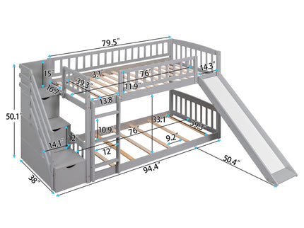 Twin Over Twin Bunk Stairway Bed With 2 Drawers And Slide - Gray