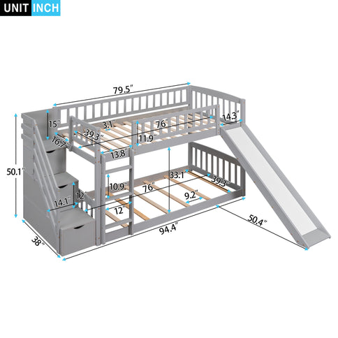Twin Over Twin Bunk Stairway Bed With 2 Drawers And Slide - Gray