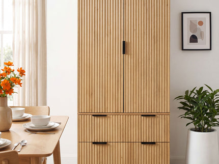 Fluted Kitchen Pantry Cabinet With 2 Large Drawers & 8 Door Spice Rack Freestanding Storage Organizer - Oak