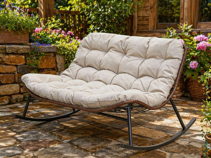 Double Wide Rocking Papasan Chair, 2 Person Outdoor Lounge Seating - Acacia Wood / Beige