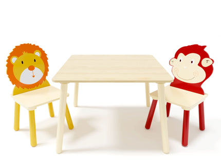 Kids Table And 2 Chairs Set, 3 Pieces Toddler Table And Chair Set, Wooden Activity Play Table Set (Lion&Monkey) - Natural