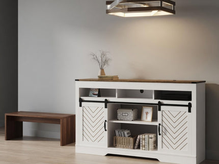 TV Stand With Sliding Barn Doors And Adjustable Storage - White / Oak