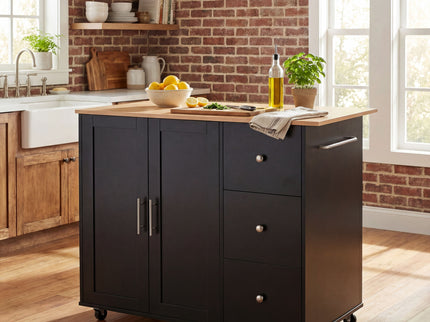 Mobile Kitchen Cart With Storage With 2 Doors, 3 Drawers & Adjustable Shelf - Black / Natural