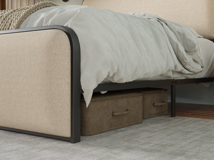 Modern Bed With Curved Upholstered Headboard And Footboard, Heavy Duty Metal Slats