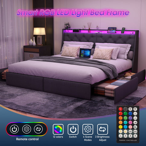 Queen Platform Bed Frame With RGB LED & Charging Station, Storage Headboard - Gray