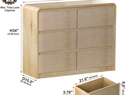 6 Drawer Dresser With Fluted Panel For Bedroom - Beige / Natural