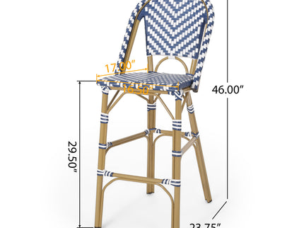 Outdoor Rattan French Barstool Set,, Bamboo, Seat Height - Navy Blue / White