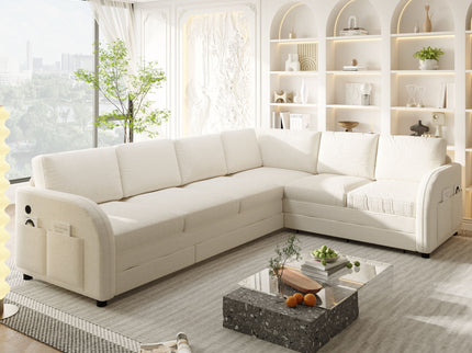 L-Shaped Couch With Pull-Out Bed, Convertible Sleeper Sofa With Side Pocket & USB Port