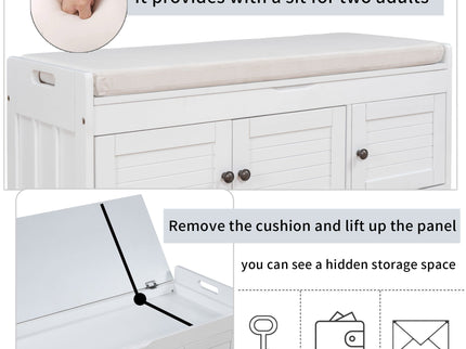 Storage Bench With 3 Shutter-Shaped Doors, Shoe Bench With Removable Cushion And Hidden Storage Space