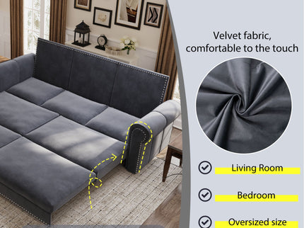 3 In 1 Convertible Sleeper Sofa With Nailhead Trim & Rolled Arm