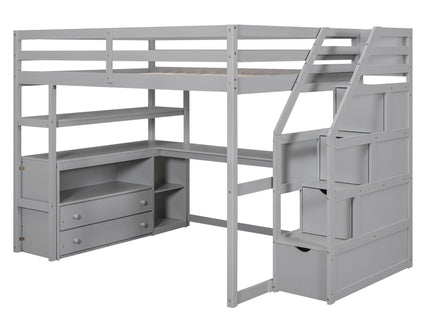 Loft Bed With Desk, Shelves, 2 Drawers, Storage Staircase