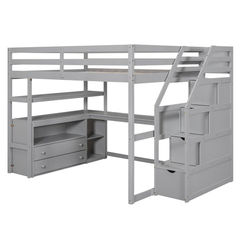 Loft Bed With Desk, Shelves, 2 Drawers, Storage Staircase