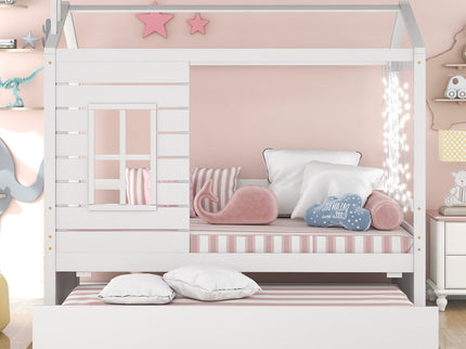 Twin Size Classic House Bed With Twin Size Trundle - White