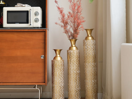 Metal Decorative Vases High Distress Metal Center Vases With Growing Vine Patterns, (Set of 3) Vases For Home Decoration - Gold
