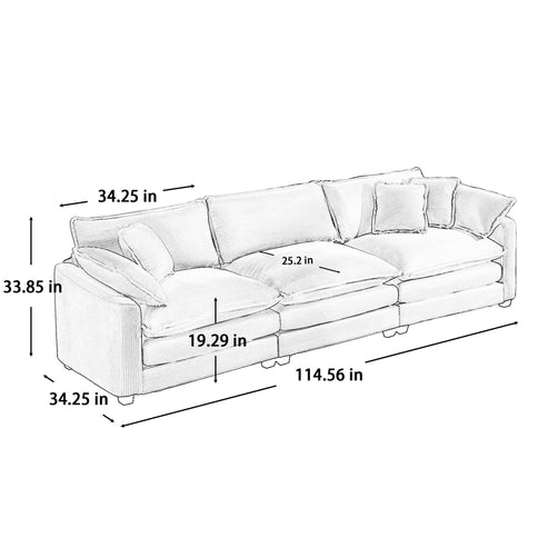 Mid-Century Modern 3 Seater Sectional Sofa With Arm And Throw Pillows