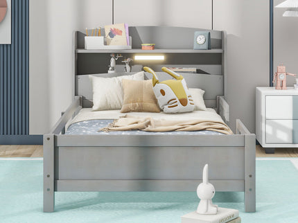 Wood Platform Bed With Built In LED Light, Storage Headboard And Guardrail