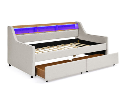 Twin Upholstered Sofa Bed With LED Lights, Storage Drawers, Adjustable Headboard & Wireless Charging - Beige