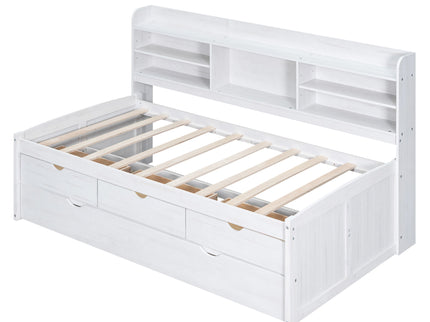 Captain Bed With Built In Bookshelves, 3 Storage Drawers, And Trundle
