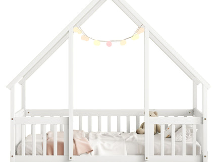 Wood House-Shaped Floor Bed With Fence, Guardrails