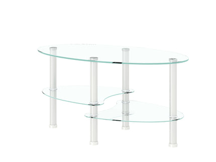 Transparent Oval Glass Coffee Table, Modern Table In Living Room Oak Wood Leg Tea Table 3-Layer Glass Table