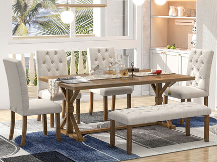 6 Piece Dining Table Set With Rectangular Wood Table, 4 Upholstered Chairs, Bench