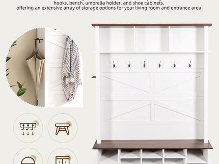 4 In 1 Hall Tree With 6 Hooks, Entryway Bench With Adjustable Shelves - White