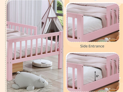 Bed With Headboard Storage Rack, 2 Under Bed Drawers, 3 Side Guardrails For Safety