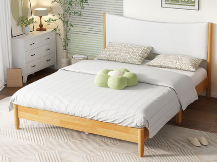 Queen Size Rubber Wooden, Solid Wooden Bed With Teddy Velvet Cushion Upholstered Headboard, Enhanced By Support Feet - Natural