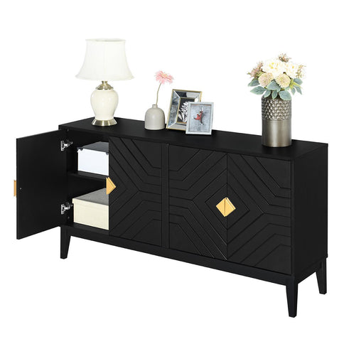 4 Door Sideboard Storage Cabinet For Living Room And Dining Room, 2 Large Cabinets With Gold Handles And Adjustable Shelf - Black