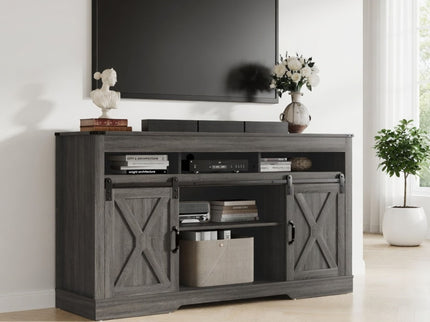 Farmhouse TV Stand With Sliding Barn Doors & Adjustable Storage