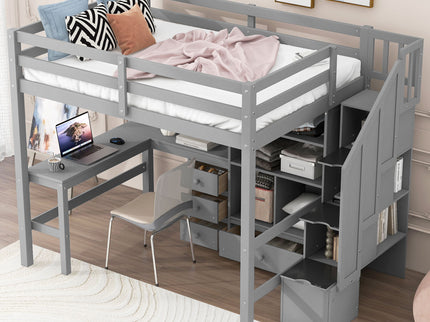 Loft Bed & L Shaped Desk, Drawers, Cabinet, And Storage Staircase