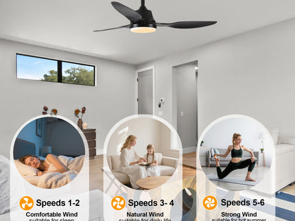 Ceiling Fan With Light, 3 Blades, Remote Control, 6 Speed Reversible DC Motor For Living Room - Black