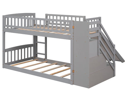 Twin Over Twin Bunk Stairway Bed With 2 Drawers And Slide - Gray