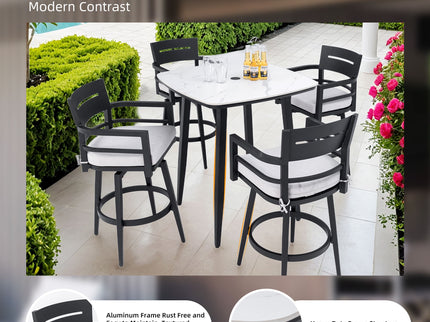 Modern Outdoor Patio Bar Set, Rounded Square Table & Bar Chairs, Non Rust Frame, Tapered Legs, Sunbrella Cushion