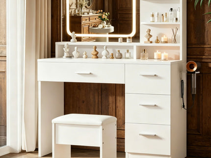 Vanity With LED Mirror And Storage Drawers For Bedrooms - Cream White