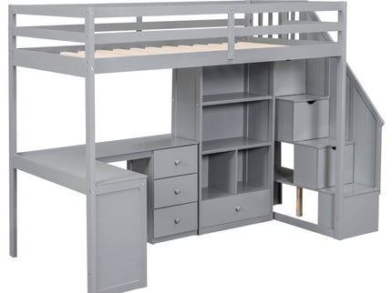Loft Bed With L Shaped Desk, Drawers, Cabinet, And Storage Staircase