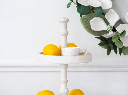 Two Tiered Round Wooden Tray - White