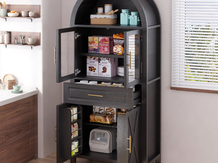 Arched Kitchen Pantry Cabinet With Adjustable Shelves & Barn Door Design