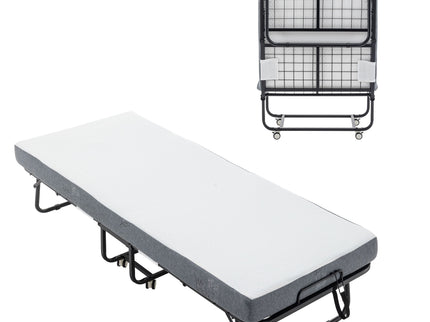 Foldable Metal Frame Bed For Guest With Memory Foam Mattress On Wheels, Saving Space Rollaway Bed