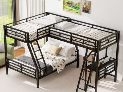 Twin Over Full Bunk Bed With Loft And Desk, L-Shaped Design For 3 Sleepers - Black