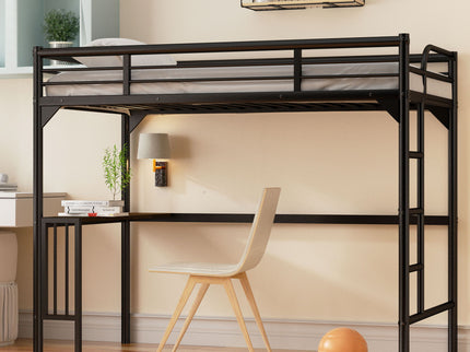 Twin Metal Loft Bed With Desk, Ladder And Guardrails, Bookdesk Under Bed - Black