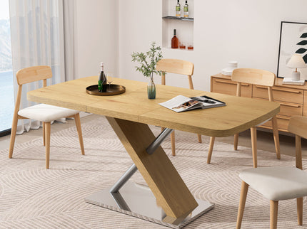 Retractable Square Dining Table, Seating 4 - 6 People, Cross Base With Stainless Steel Tubing, Expandable - Natural