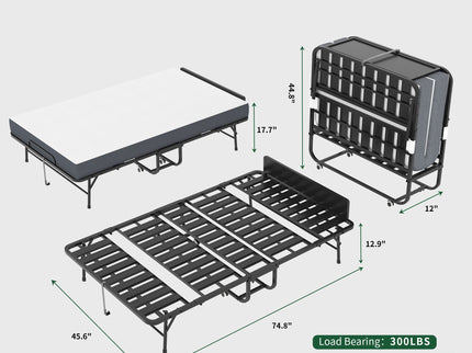 Twin Extra Long Folding Bed With Adjustable Headboard, Cot With Memory Foam Mattress - Black