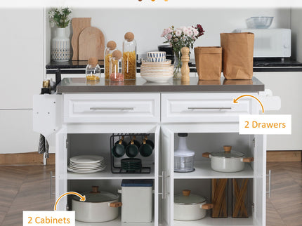 Homcom - Rolling Kitchen Island With Storage, Portable Kitchen Cart With Stainless Steel Top, 2 Drawers, Spice, Knife And Towel Rack And Cabinets