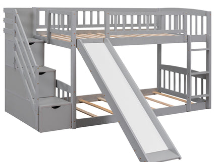 Twin Over Twin Bunk Stairway Bed With 2 Drawers And Slide - Gray