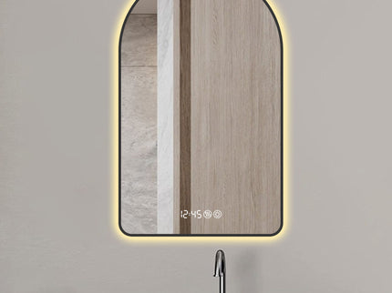 Arched LED Vanity Mirror With Time & Temperature Display, Anti-Fog, Dimmable Backlight In Frame, 3 Color Temperatures