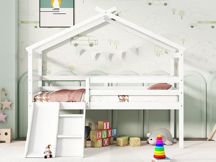 Low Loft House Bed With Slide, Ladder, Safety Guardrails, House Roof Frame