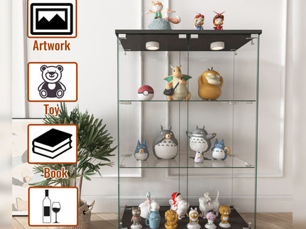 Modern Display Cabinet With LED Lights, Transparent Tempered Glass 2 Door Storage Case With 3 Shelves