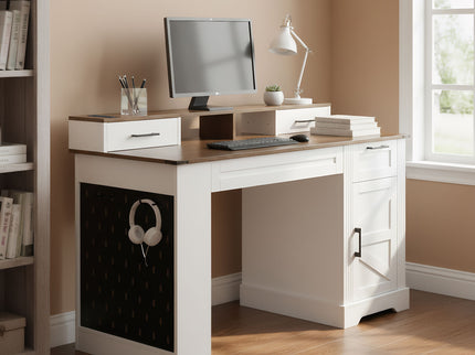 Office Desk With Storage Cabinet, Charging Station, Monitor Stand & Pegboard