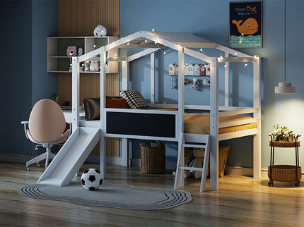 Loft House Bed With Ladder And Slide, With board And Light Strip On The Roof